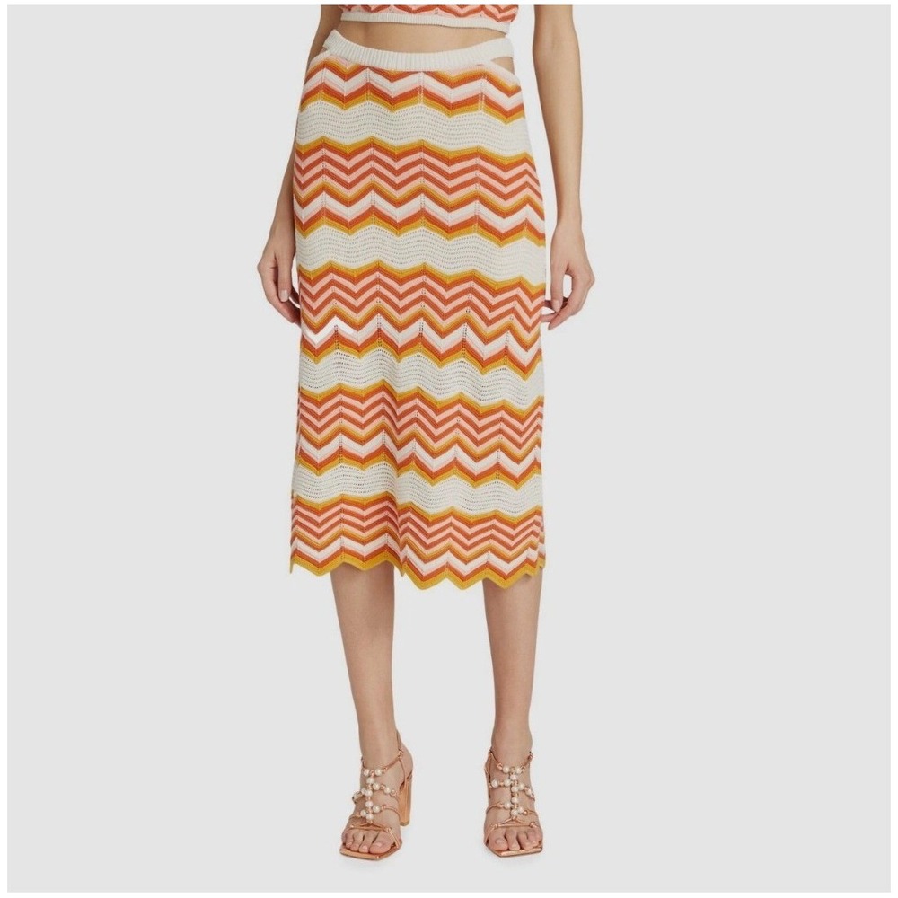MOTHER‎ The Cut-It-Out Midi Skirt At The Cabana Chevron Knit Orange Pink Large